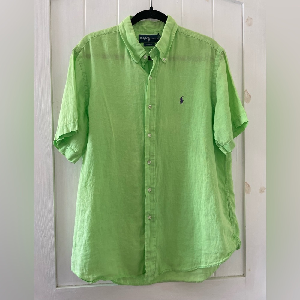 Ralph Lauren Men's Lime Green Button Down Shirt Blue Logo Linen size XL